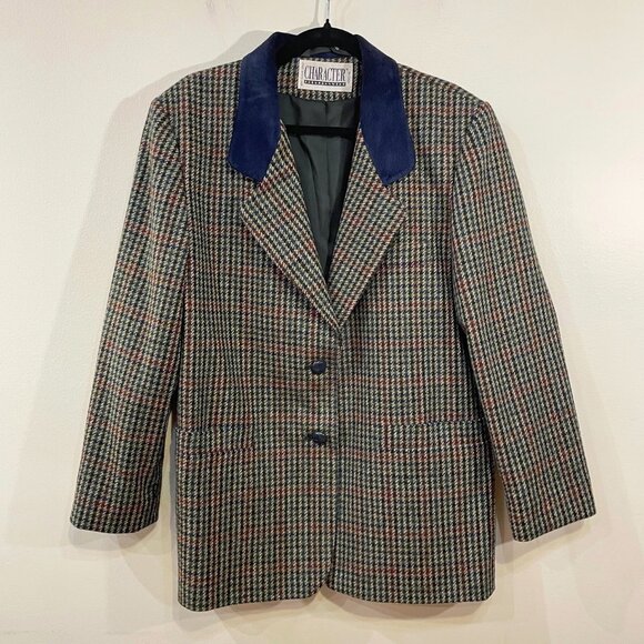 EUC Vintage Wool Suede Collar Houndstooth Blazer M-L fit - Picture 1 of 5
